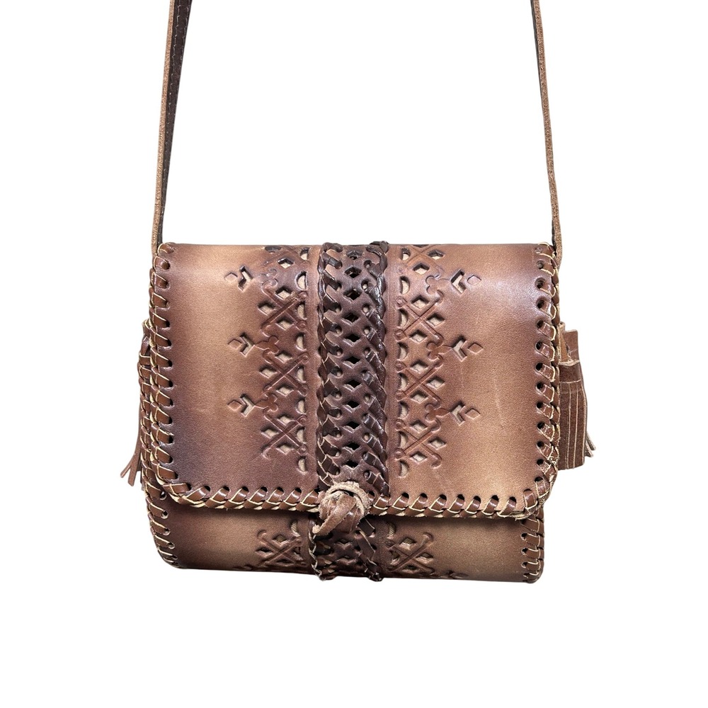 Leather Crossbody Bag Stamped Woven Boho Hippie Festival Purse Small